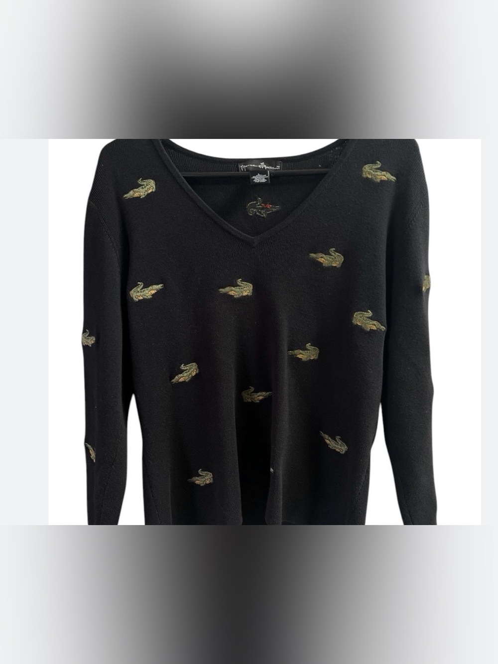 Black V-Neck Sweater with Crocodile Embroidery: Mercer & Madison